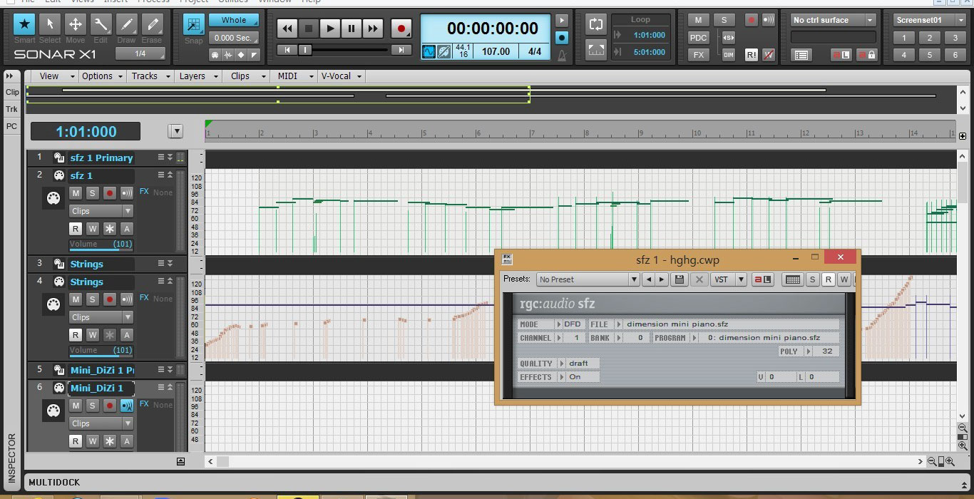 Cakewalk SONAR X1的钢琴卷帘视图